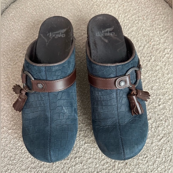 Dansko Shandi Bohemian Snakeskin Blue Leather Slip-on Clogs. Size 41‎ - Picture 3 of 9
